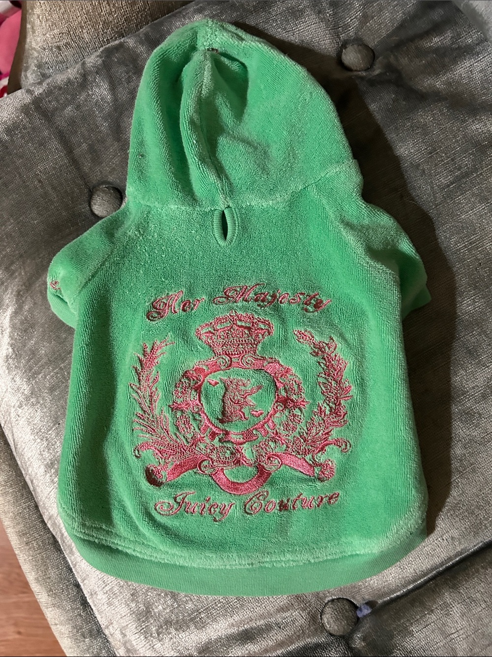 Juicy Couture Green Hooded Dog Sweatshirt with Pink Embroidered Crest